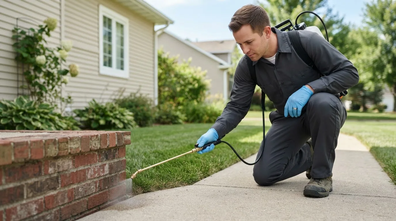 Pest control technician treating a home near Savanna, IL