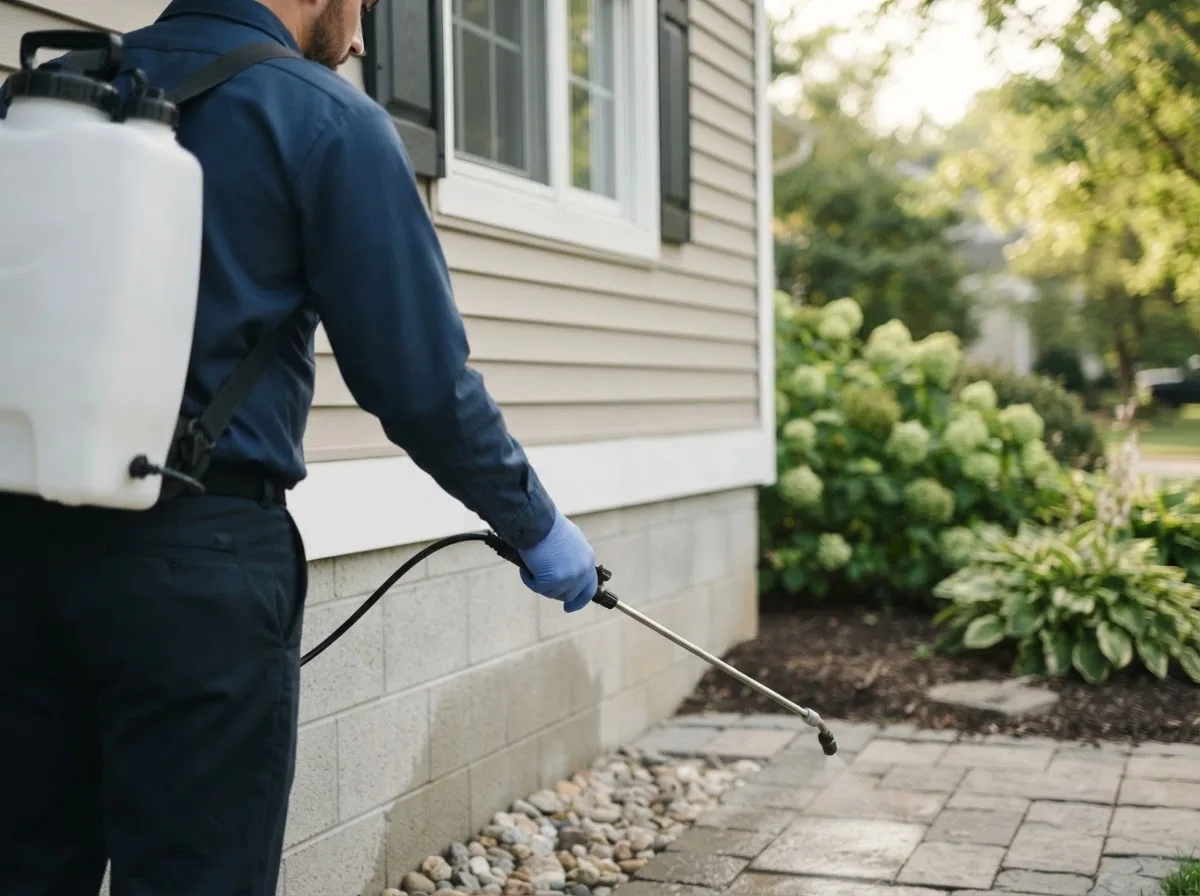 Pest control technician inspecting a home in Savanna, IL